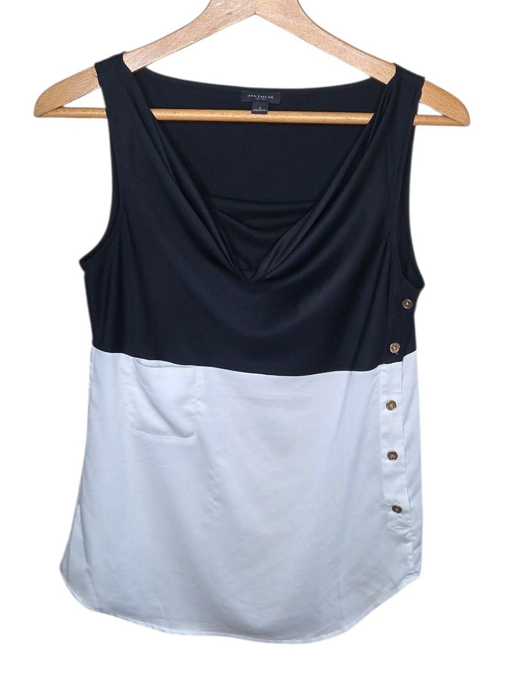 Ann Taylor Black White Colorblock Cowl Draped Neck Tank Blouse Size 2